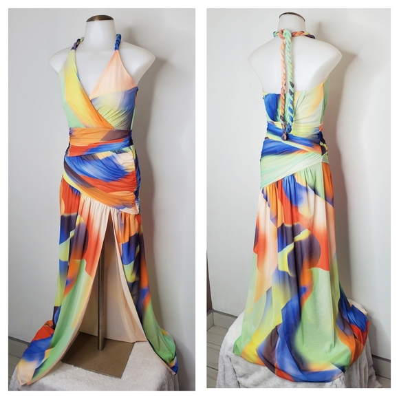 NICHOLAS Bristol Ruched Printed Mesh Halterneck Multicolor Slit Midi Dress - Picture 3 of 14